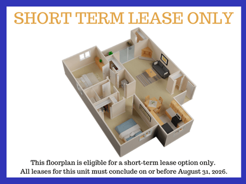 Floor plan for 2 beds, 1 bath, 863 sqft